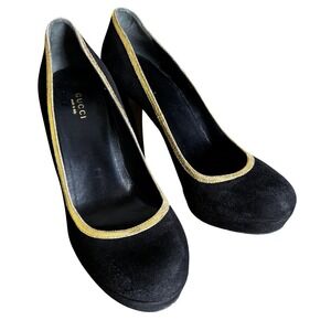 Gucci 38/7.5-8 Black Suede Platform High Heel Pumps Gold Trim Italy Luxury Sexy